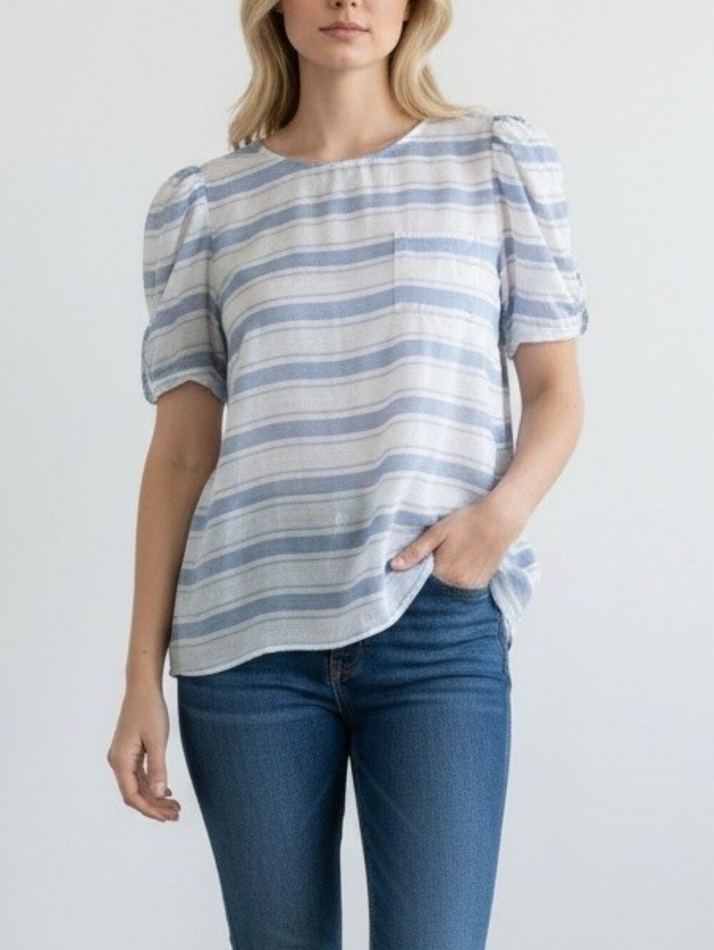 Lauren Conrad Blue White Striped Sheer Blouse Size Small Puff Sleeve Pocket Top